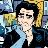 **Estilo cómic. Horizontal.** Ilustración al estilo cómic que muestra al **Detective García**, un hombre hispano de mediana edad, con bigote bien recortado, cabello oscuro peinado hacia atrás y mirada intensa, sentado frente a múltiples pantallas brillantes que muestran líneas de código y mapas digitales. La escena es sombría y de estilo **cyber-noir**, con el rostro de García parcialmente iluminado por las pantallas. La habitación es oscura, con acentos de neón y tecnología futurista dispersa, transmitiendo una atmósfera de manipulación y secreto.