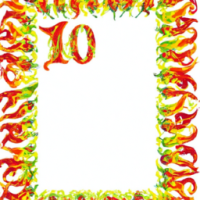 A thin vertical decorative frame for a 6x9 image, made of swirling hot chili peppers, glowing flames, and large stylized numbers (like 1, 5, 10, 1000000) embedded into the fire or edges, elegant and energetic design, digital illustration style, warm fiery color palette (red, orange, yellow, green), thin ornate border, transparent background, detailed, centered area empty for overlay, high resolution